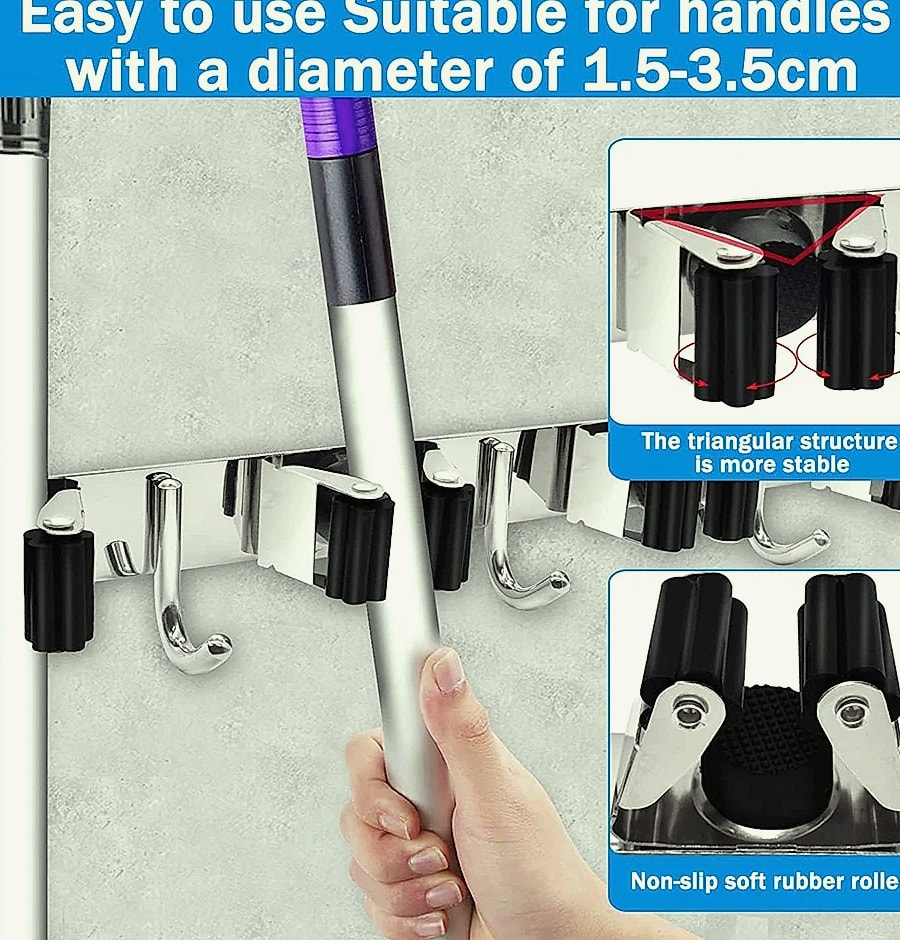 Stainless Steel Wall Mounted Mop and Broom Holder Organizer — close-up details