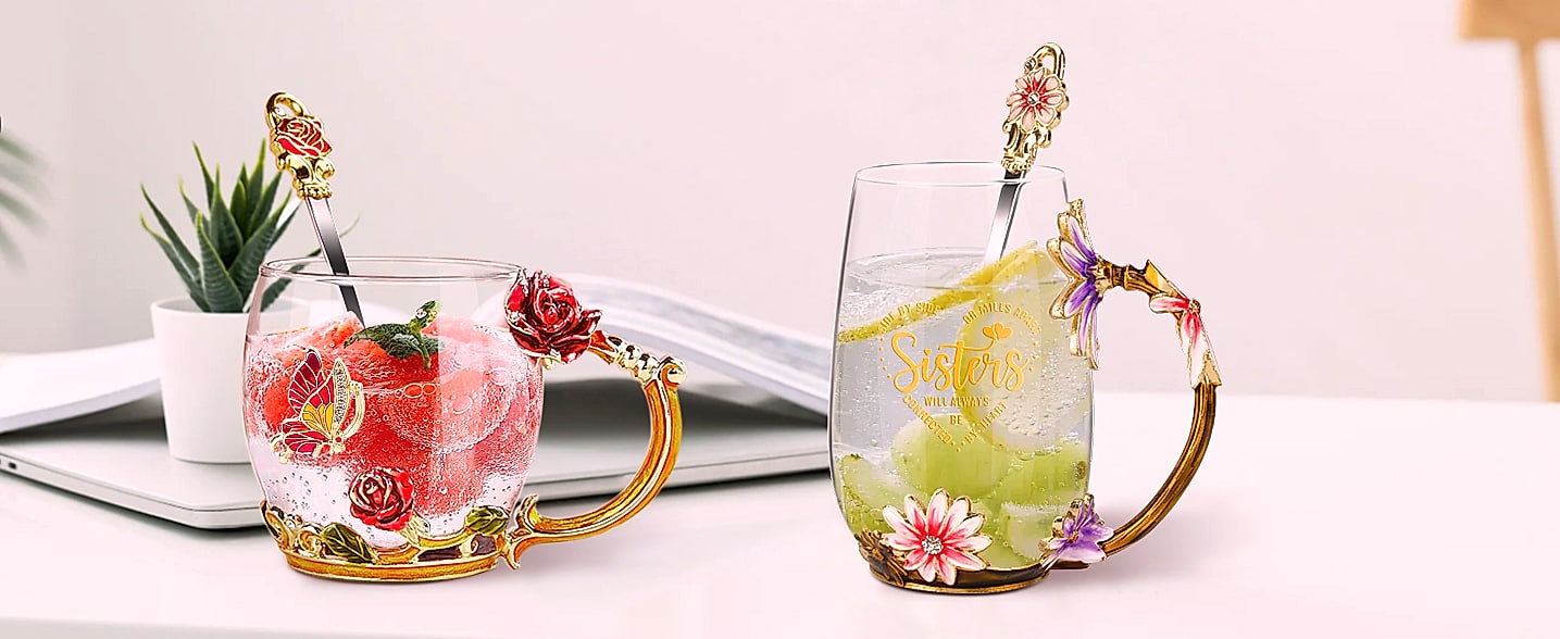 OEAGO Enamel Glass Coffee Mug with Butterfly and Rose Design — assembled view