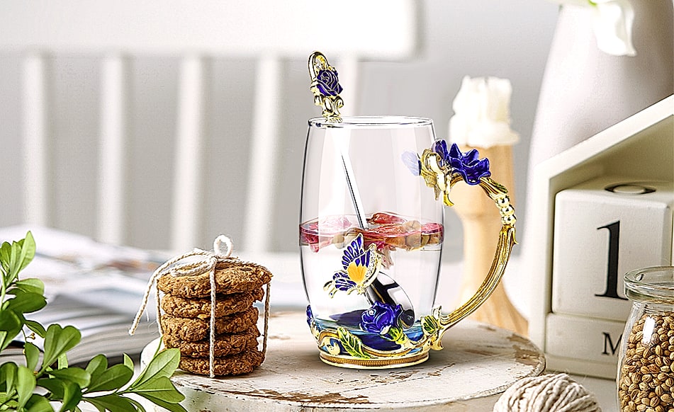 OEAGO Enamel Glass Coffee Mug with Butterfly and Rose Design — interior detail