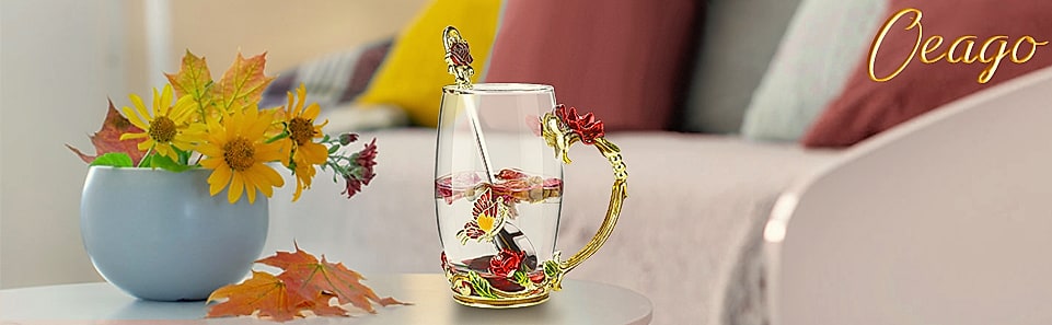 OEAGO Enamel Glass Coffee Mug with Butterfly and Rose Design — scale reference