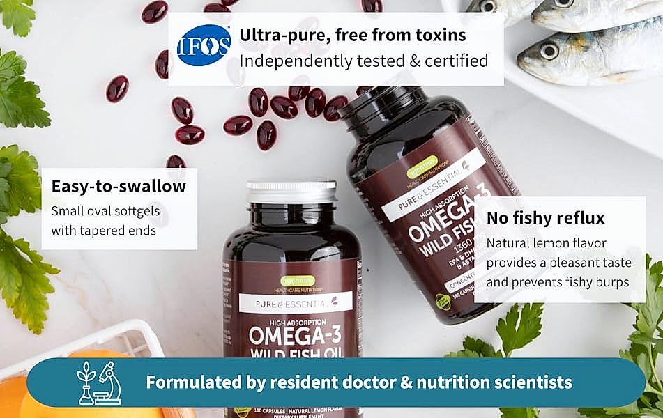 Igennus Ultra Pure Omega 3 Fish Oil 1360mg rTG 180 Softgels — package contents
