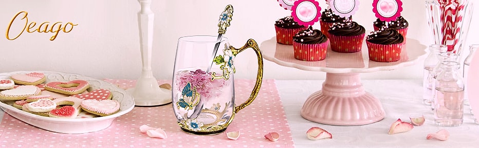 OEAGO Enamel Glass Coffee Mug with Butterfly and Rose Design — feature highlights