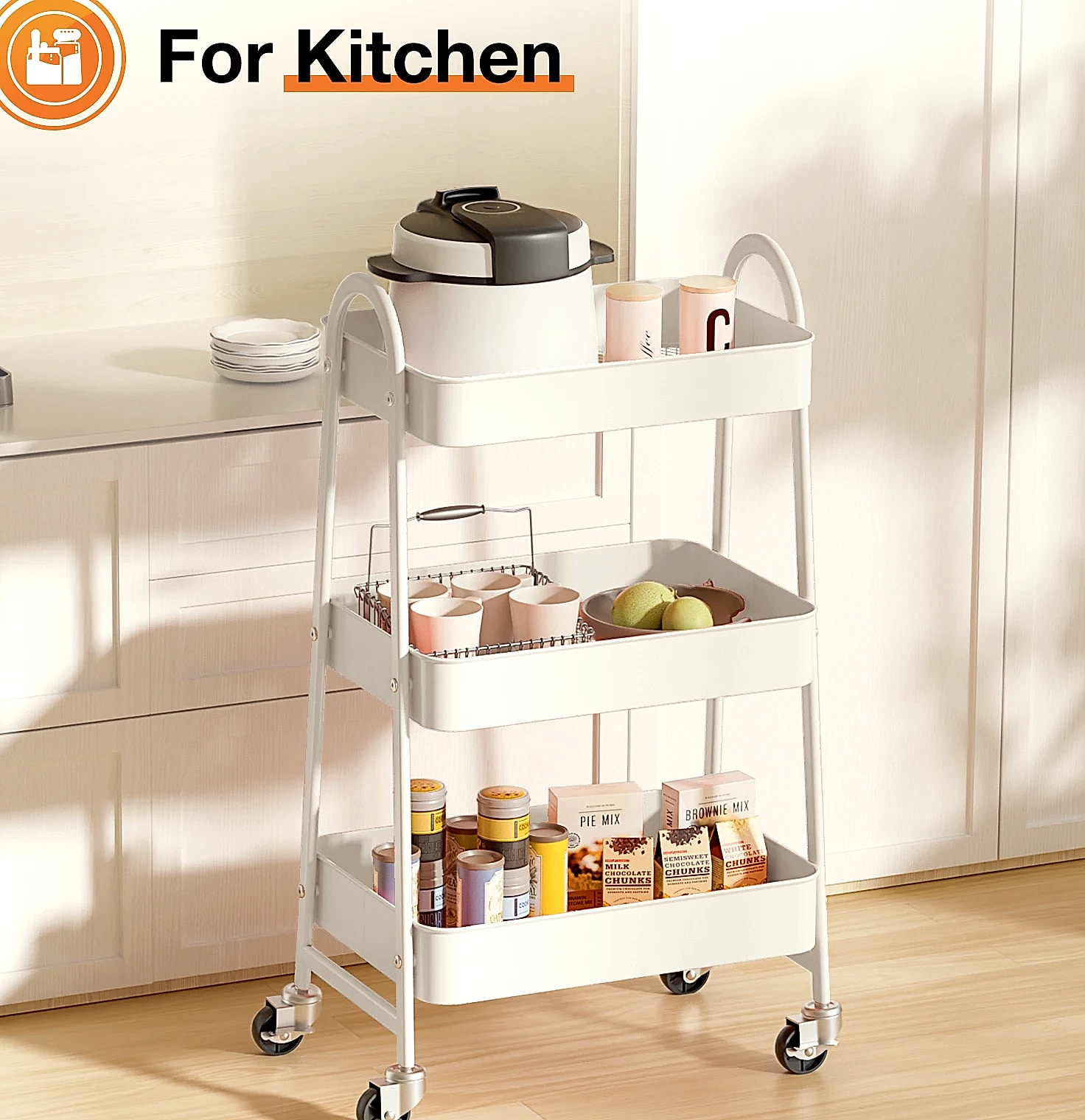 3-Tier Rolling Storage Cart Metal Kitchen Bathroom — close-up details