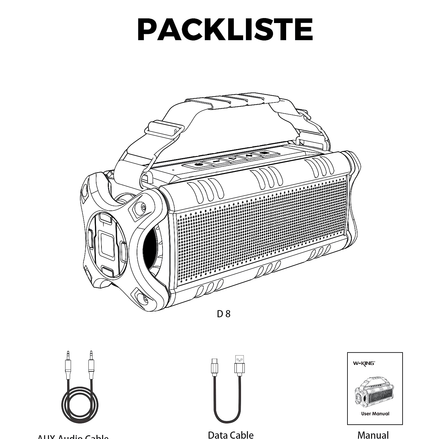 W-King D8 Bluetooth Speaker 50W IPX6 Waterproof Portable — package contents