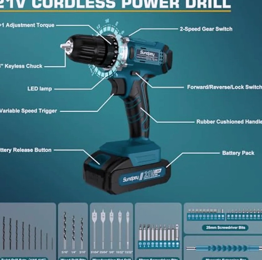 Kankeirr 21V Cordless Drill Kit with 255-Piece Accessory Set — feature highlights