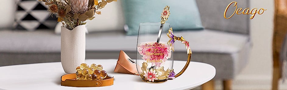 OEAGO Enamel Glass Coffee Mug with Butterfly and Rose Design — assembled view