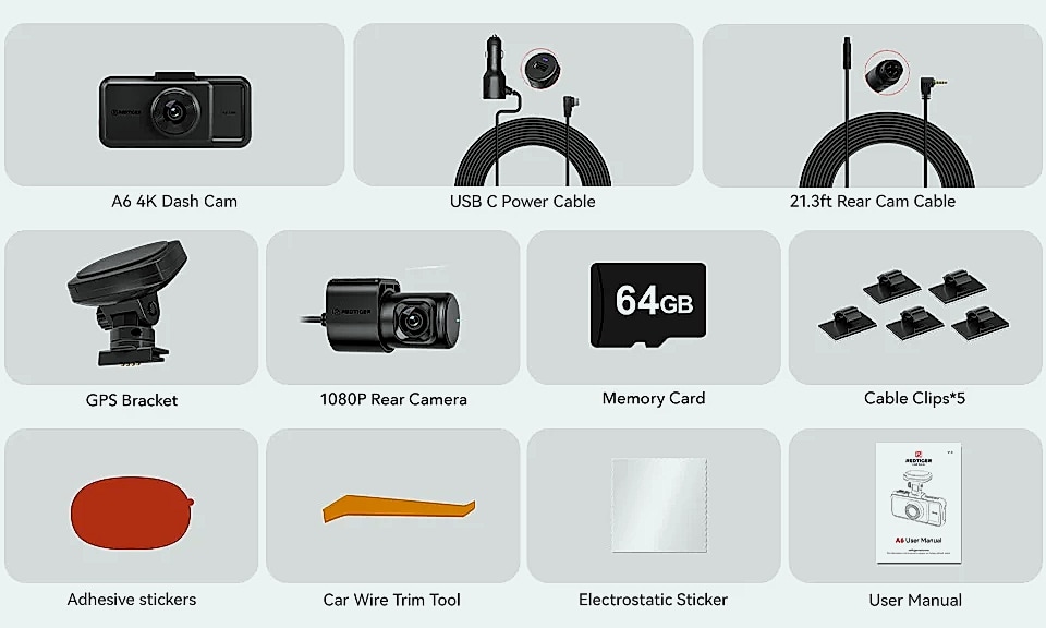 Redtiger A6 4K Dash Cam with GPS and 3-Camera System — side view
