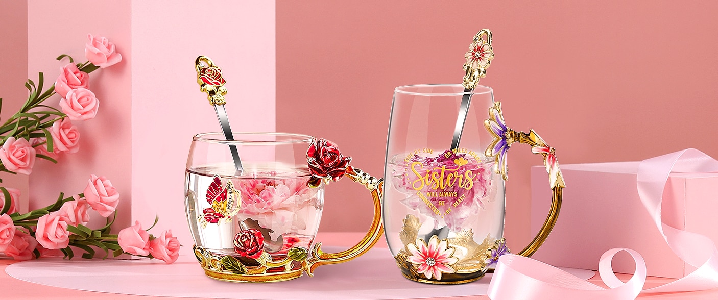 OEAGO Enamel Glass Coffee Mug with Butterfly and Rose Design — package contents