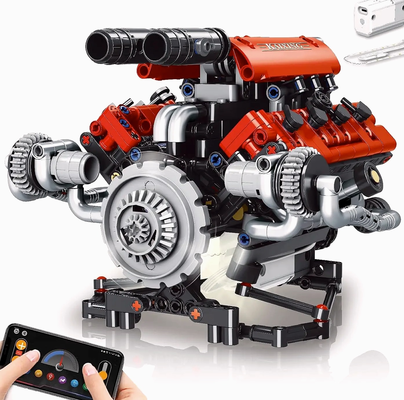 V8 Engine Model Kit with Motor, LED Lights & App Control — package contents