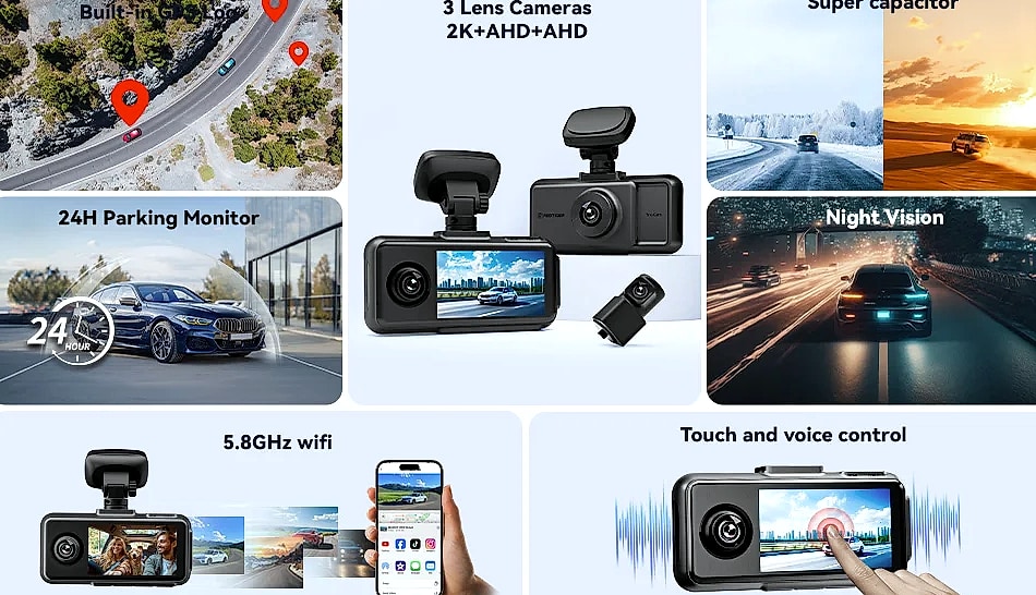 Redtiger A6 4K Dash Cam with GPS and 3-Camera System — assembled view