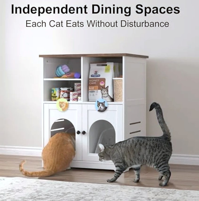 Cat Feeding Station Cabinet with Microchip Pet Feeder Access — assembled view