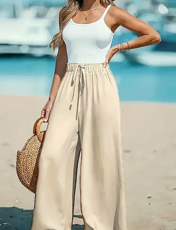 Cotton Linen Wide Leg Pants Women High Waist Drawstring — parts overview