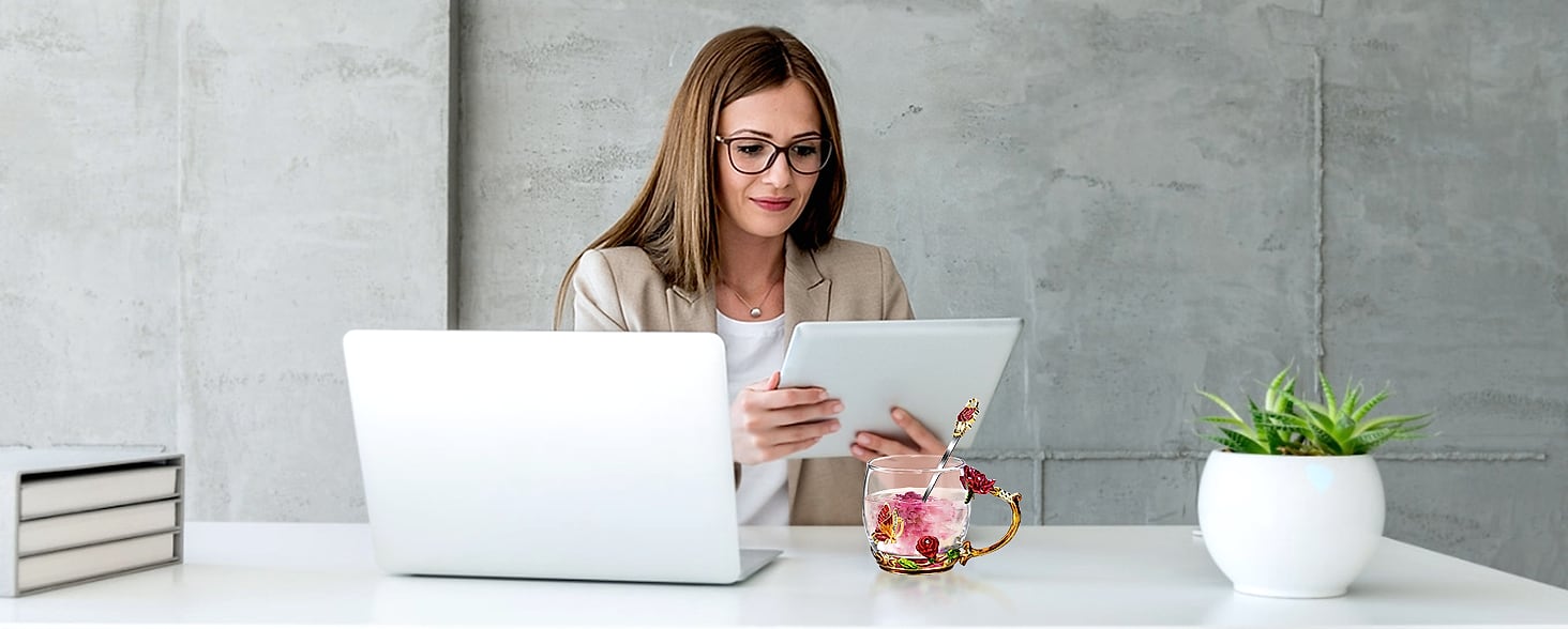 OEAGO Enamel Glass Coffee Mug with Butterfly and Rose Design — interior detail