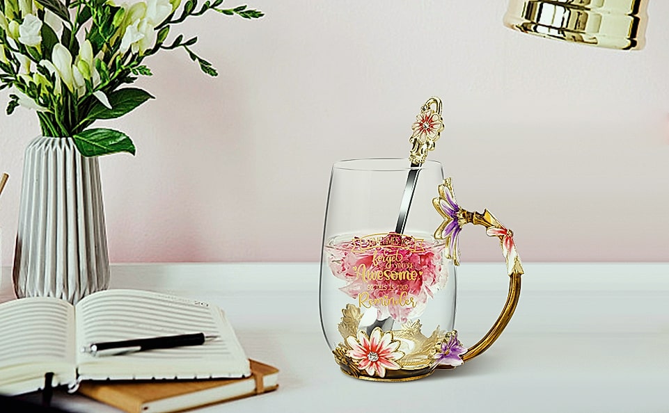 OEAGO Enamel Glass Coffee Mug with Butterfly and Rose Design — close-up details