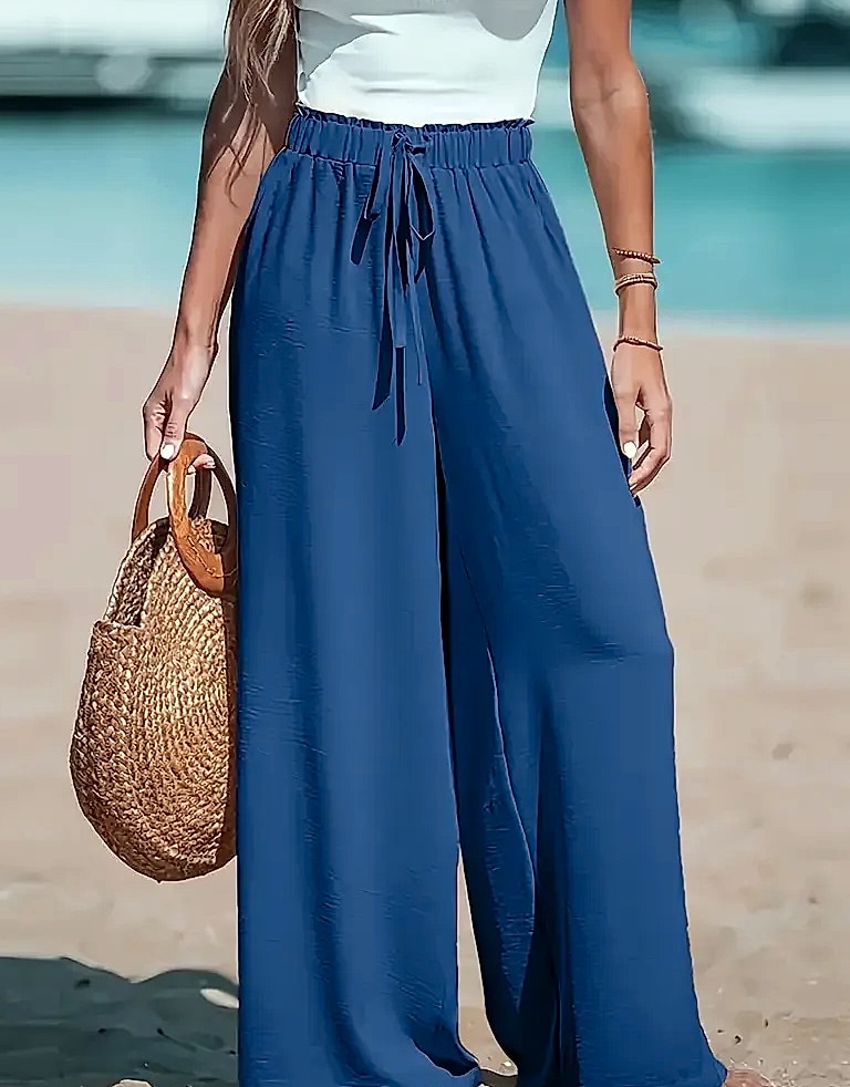 Cotton Linen Wide Leg Pants Women High Waist Drawstring — assembled view