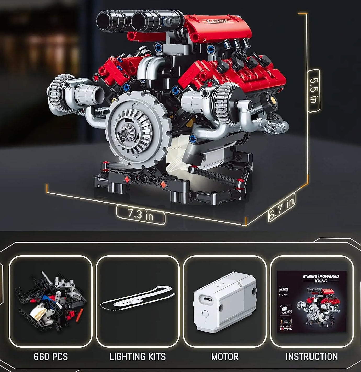 V8 Engine Model Kit with Motor, LED Lights & App Control — side view