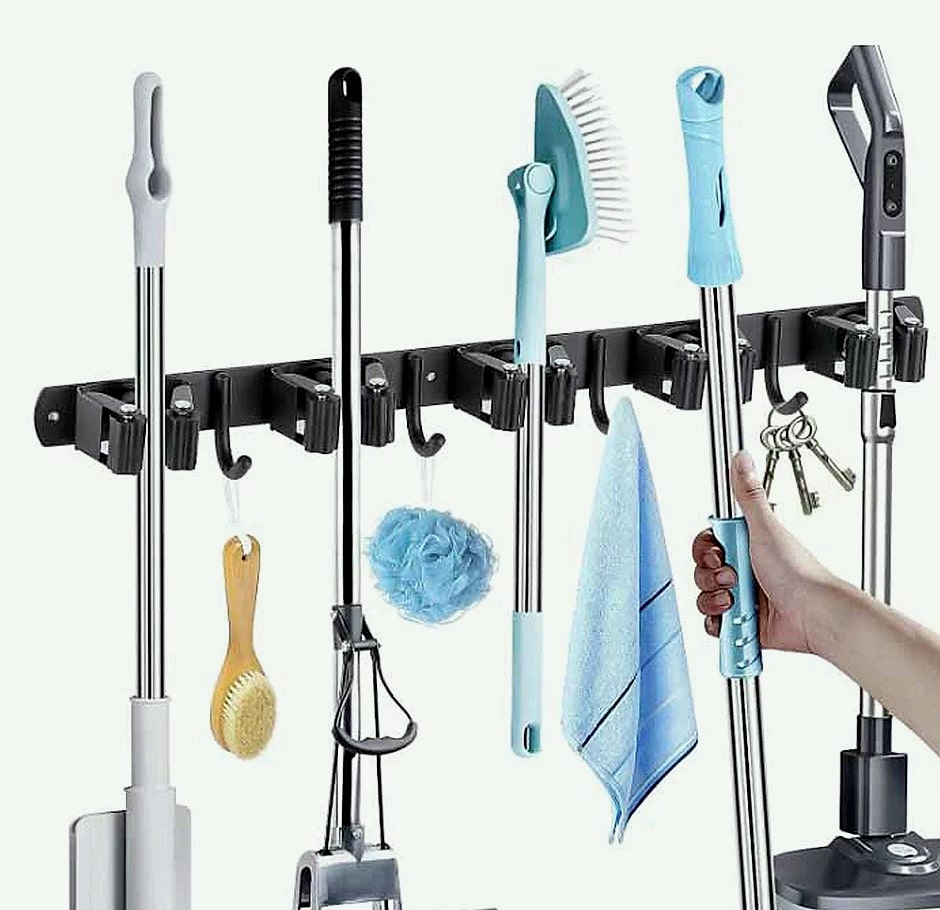 Stainless Steel Wall Mounted Mop and Broom Holder Organizer — assembled view