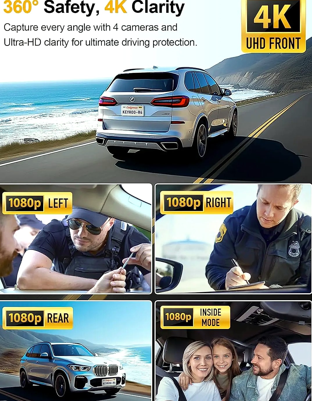 4K 360 Degree Dash Cam with GPS, WiFi, and Parking Mode — assembled view
