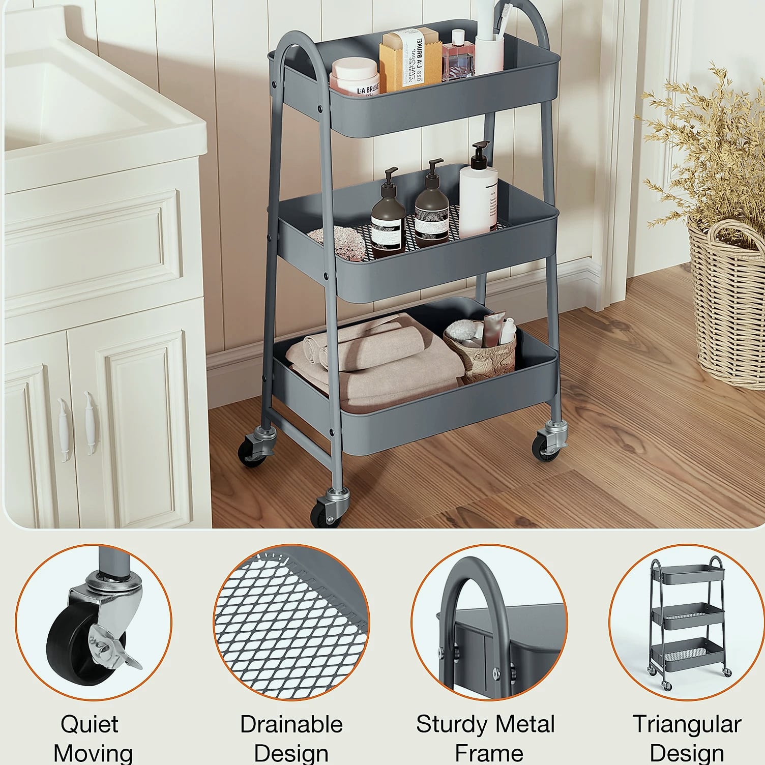 3-Tier Rolling Storage Cart Metal Kitchen Bathroom — scale reference