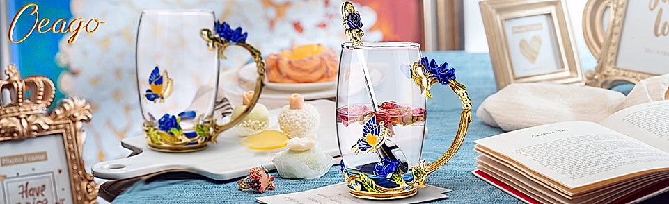 OEAGO Enamel Glass Coffee Mug with Butterfly and Rose Design — build progress