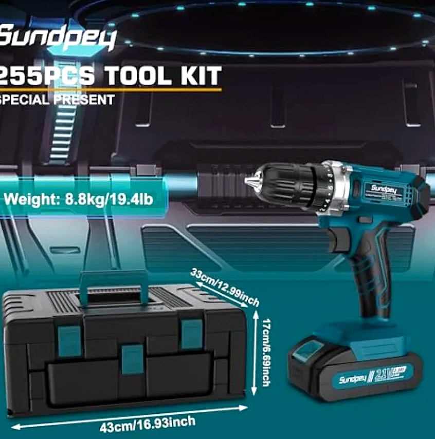 Kankeirr 21V Cordless Drill Kit with 255-Piece Accessory Set — close-up details