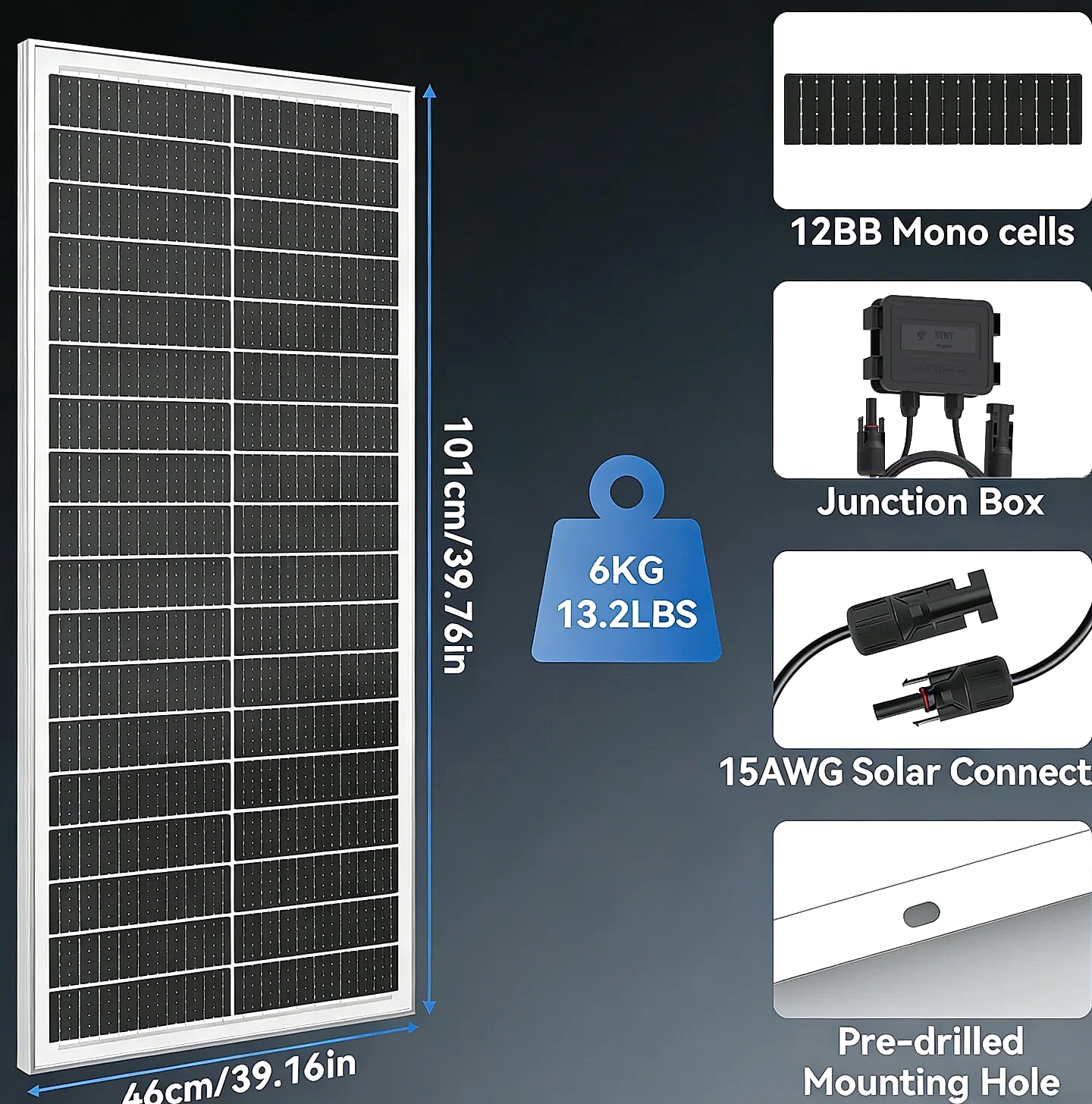 Rvpozwer 100W 12V Monocrystalline Solar Panel — feature highlights