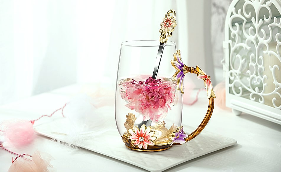 OEAGO Enamel Glass Coffee Mug with Butterfly and Rose Design — assembled view