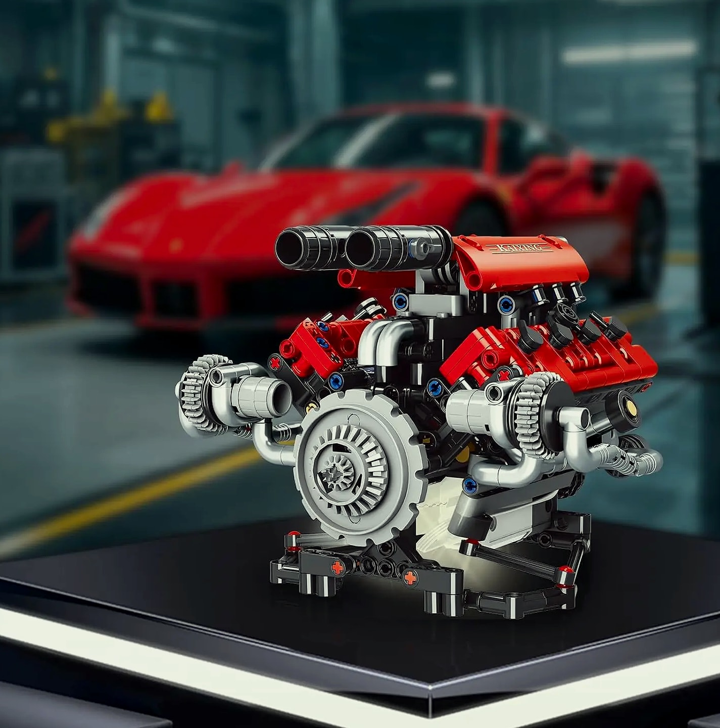 V8 Engine Model Kit with Motor, LED Lights & App Control — assembled view