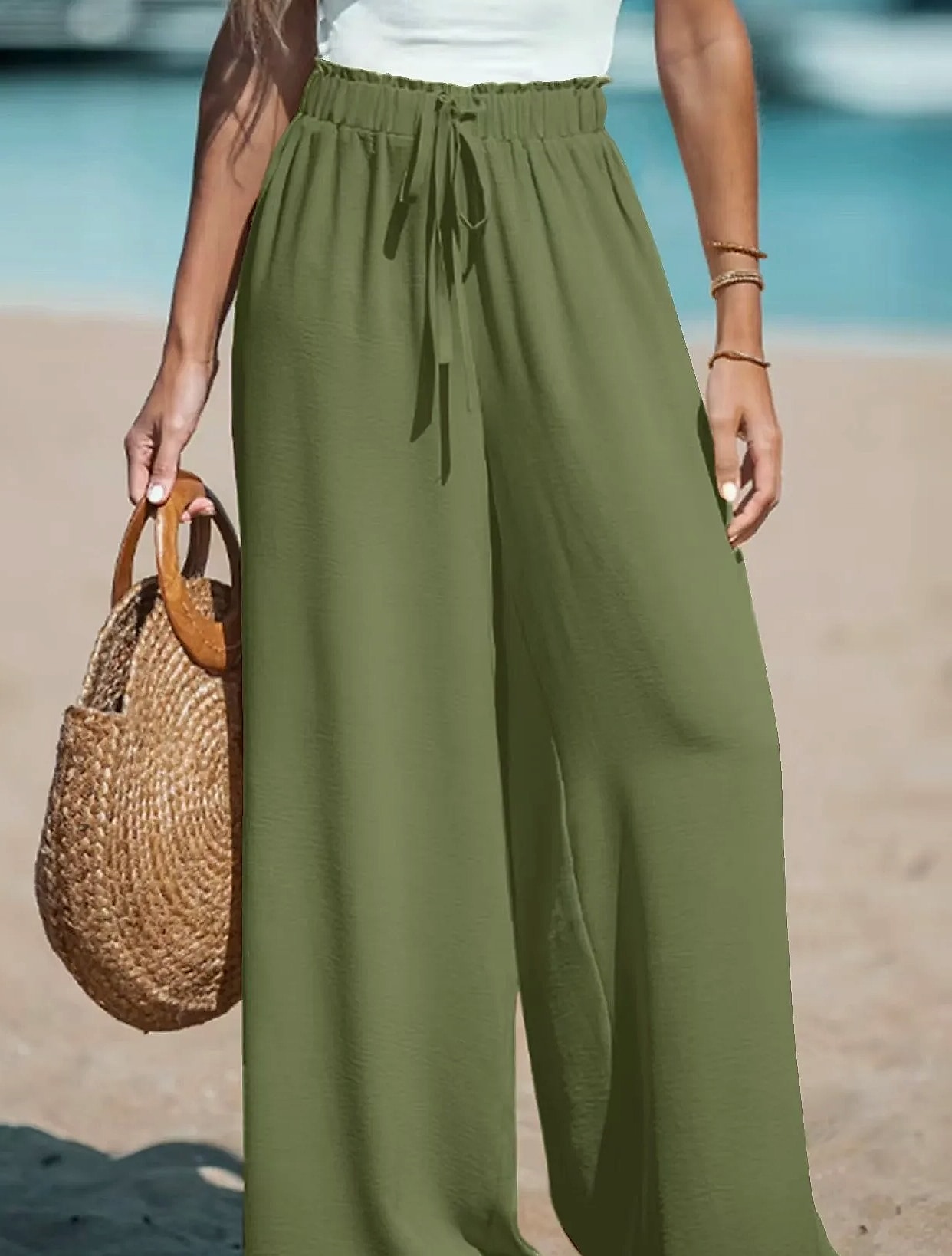 Cotton Linen Wide Leg Pants Women High Waist Drawstring — close-up details