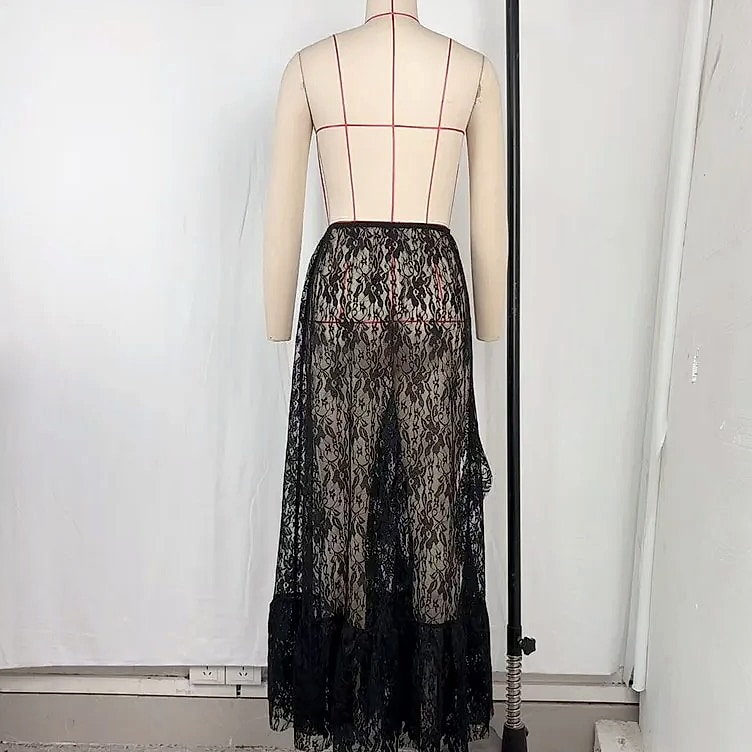 Grosfairy Lace Asymmetrical Skirt with Floral Ruffles — interior detail