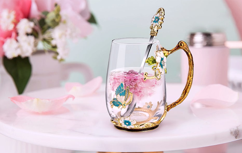 OEAGO Enamel Glass Coffee Mug with Butterfly and Rose Design — side view