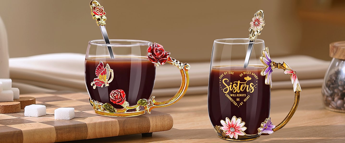 OEAGO Enamel Glass Coffee Mug with Butterfly and Rose Design — close-up details