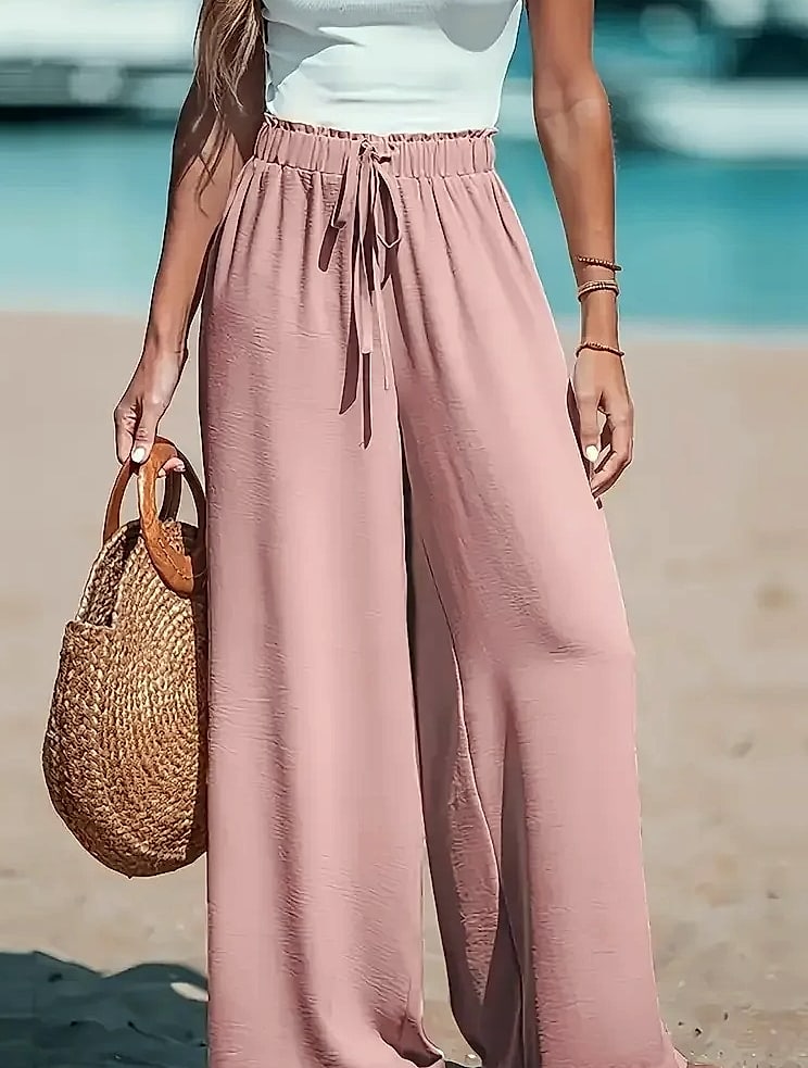Cotton Linen Wide Leg Pants Women High Waist Drawstring — scale reference