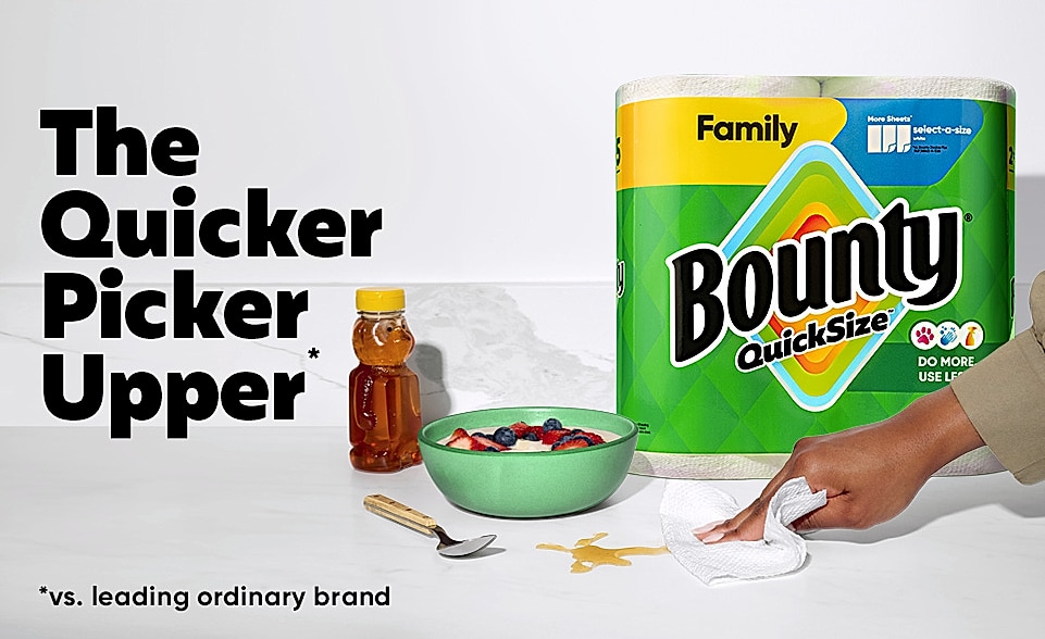 Bounty Quick Size Paper Towels, White, 8 Family Rolls — package contents