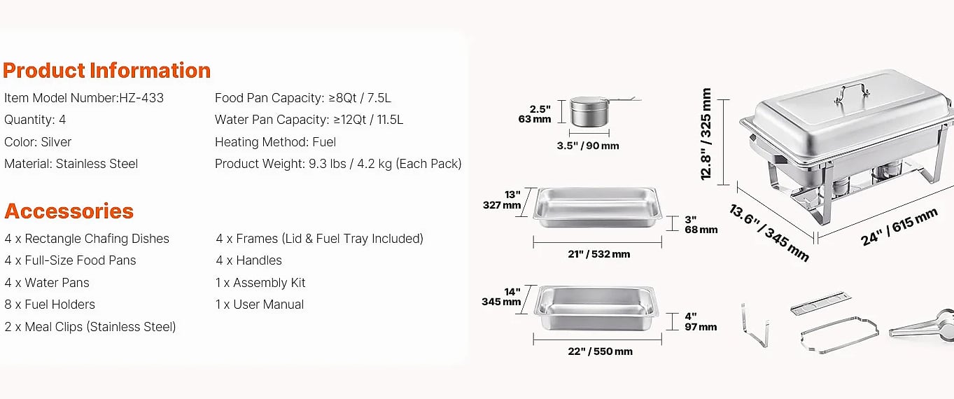 SucceBuy 8 Qt Chafing Dish Set, Stainless Steel Buffet — size comparison
