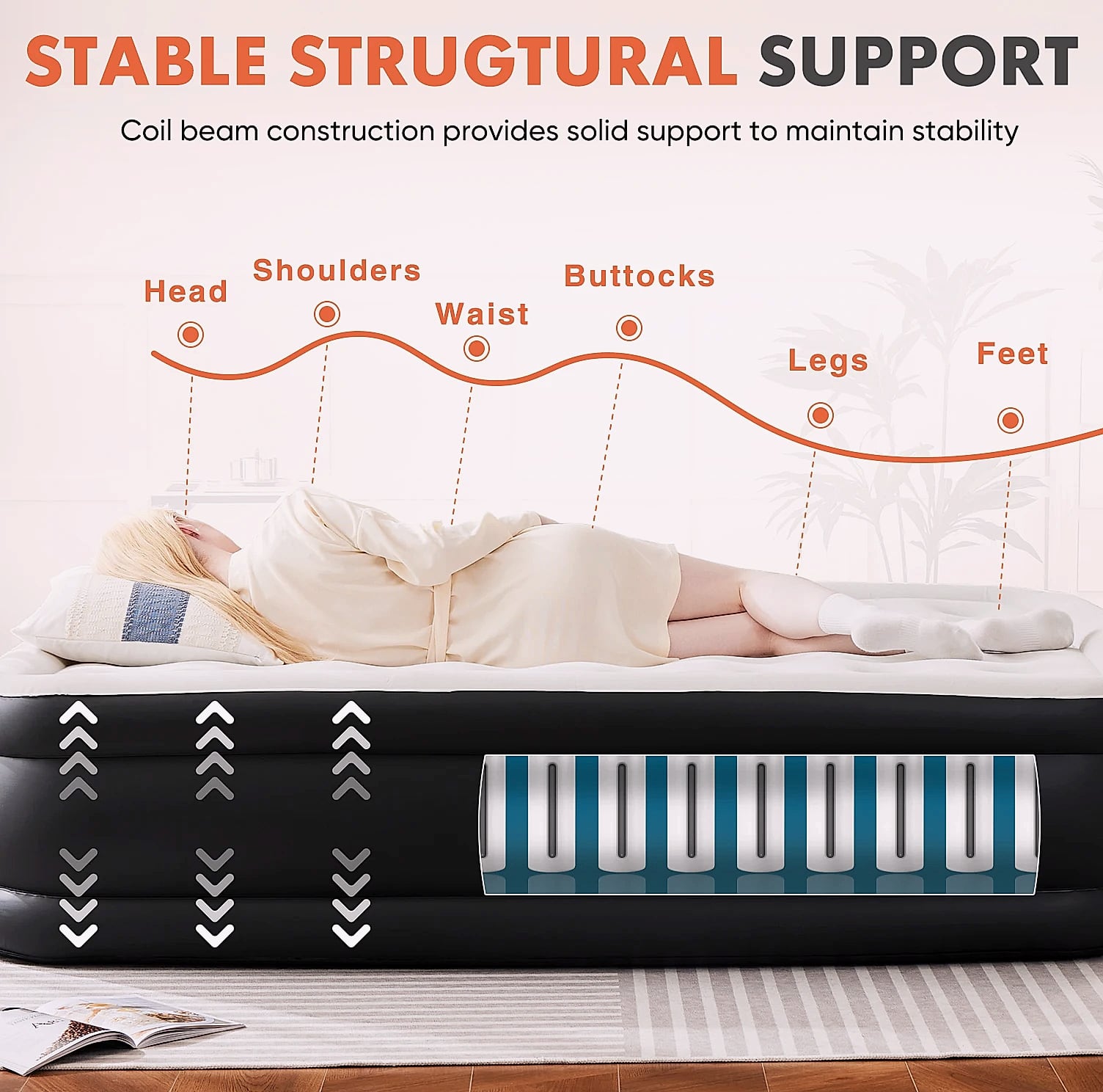 JHK Queen Twin Size Air Mattress Double Height 660 lbs — close-up details