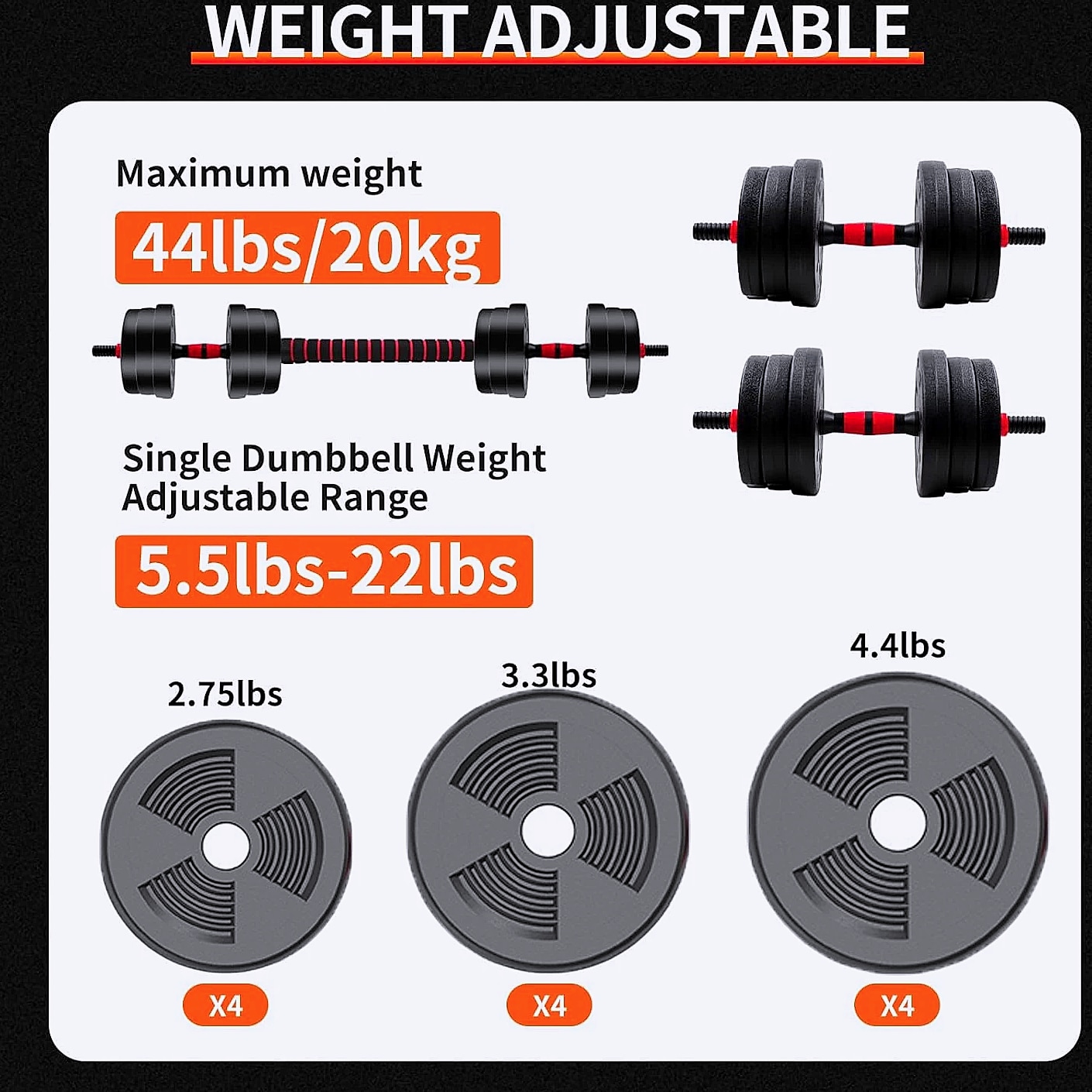 Adjustable Dumbbell to Barbell Set 5-44lbs Home Gym — close-up details