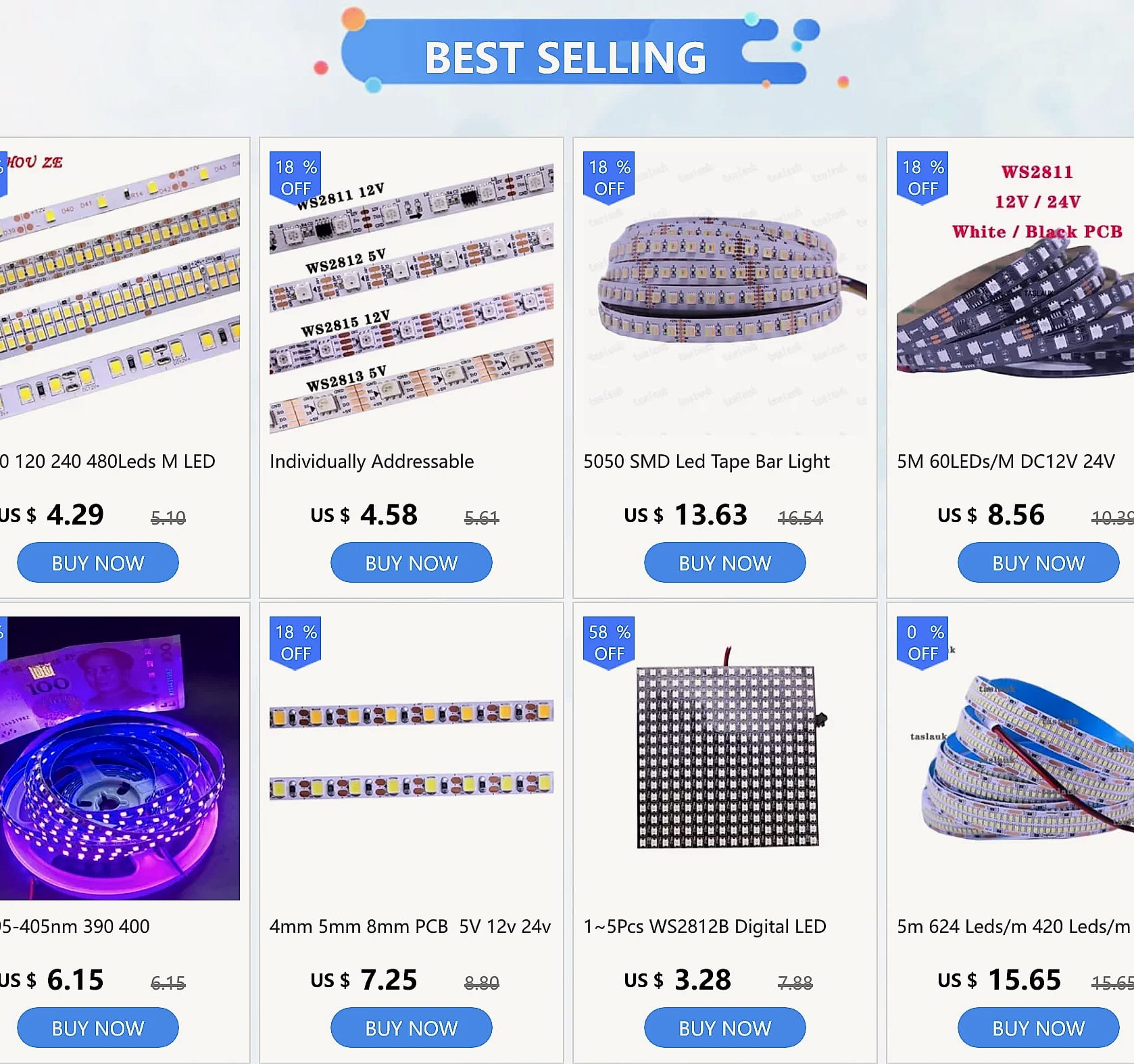 Taslauk 10mm PCB 2835 SMD LED Strip 240 leds/m 12V/24V — package contents