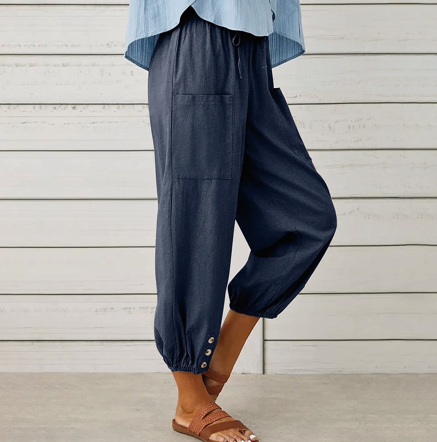 INSTYLISH Women's Cotton Linen Wide Leg Pants — close-up details