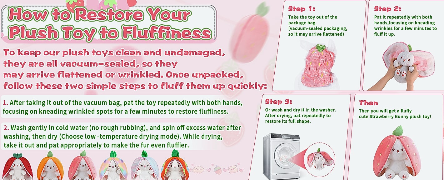 MIAODAM Reversible Strawberry Bunny Plush Toy, 7 inch — close-up details