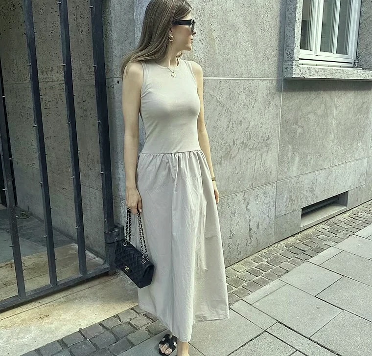 HXAO Women's Sleeveless Long Dress Black Khaki — feature highlights