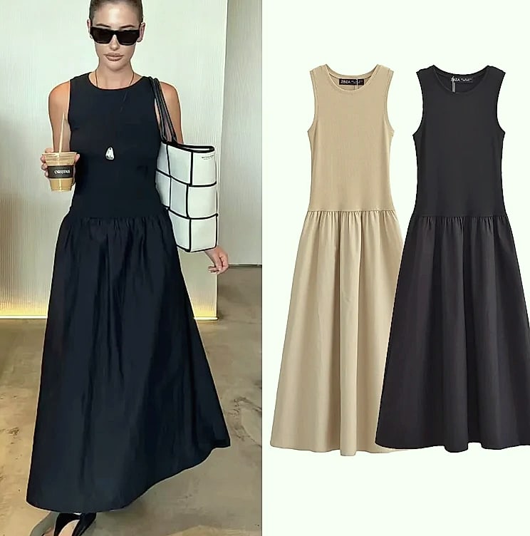 HXAO Women's Sleeveless Long Dress Black Khaki — close-up details