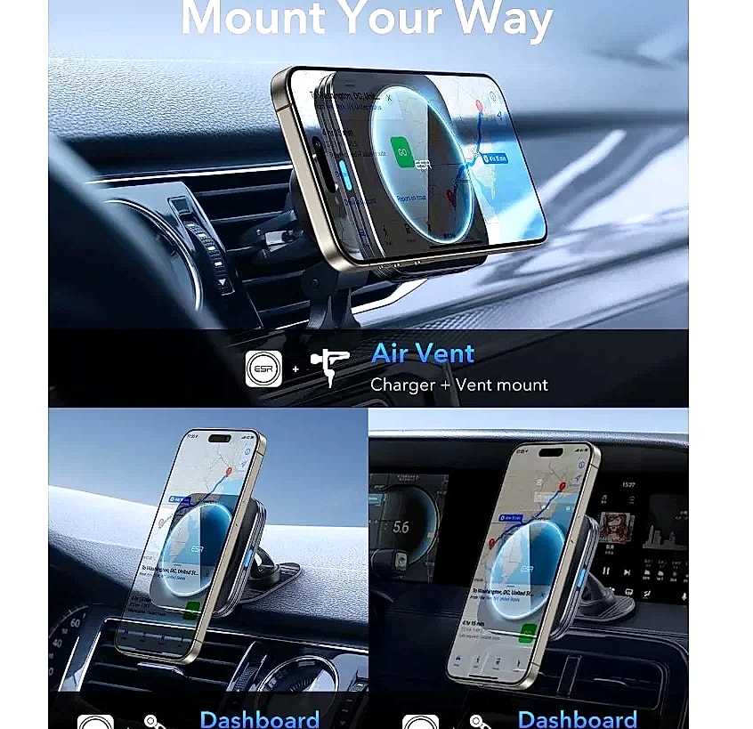 ESR 15W Magnetic Wireless Car Charger with MagSafe Air Vent — side view