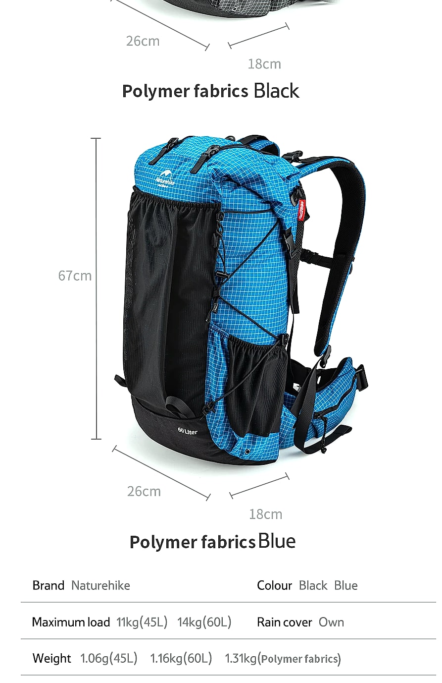 Naturehike 60+5L Mountain Backpack Hiking Travel Bag — side view