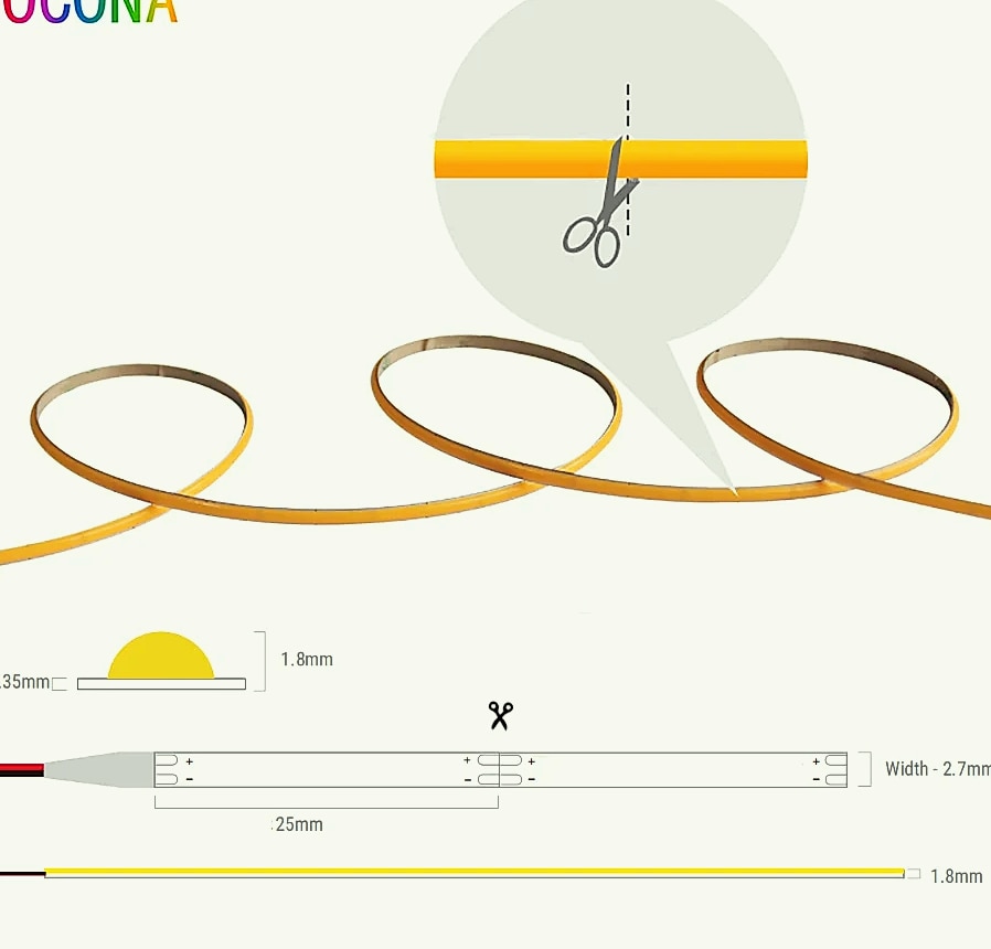 OCONA 3mm COB LED Strip Lights 480 LEDs/m DC 12V — parts overview