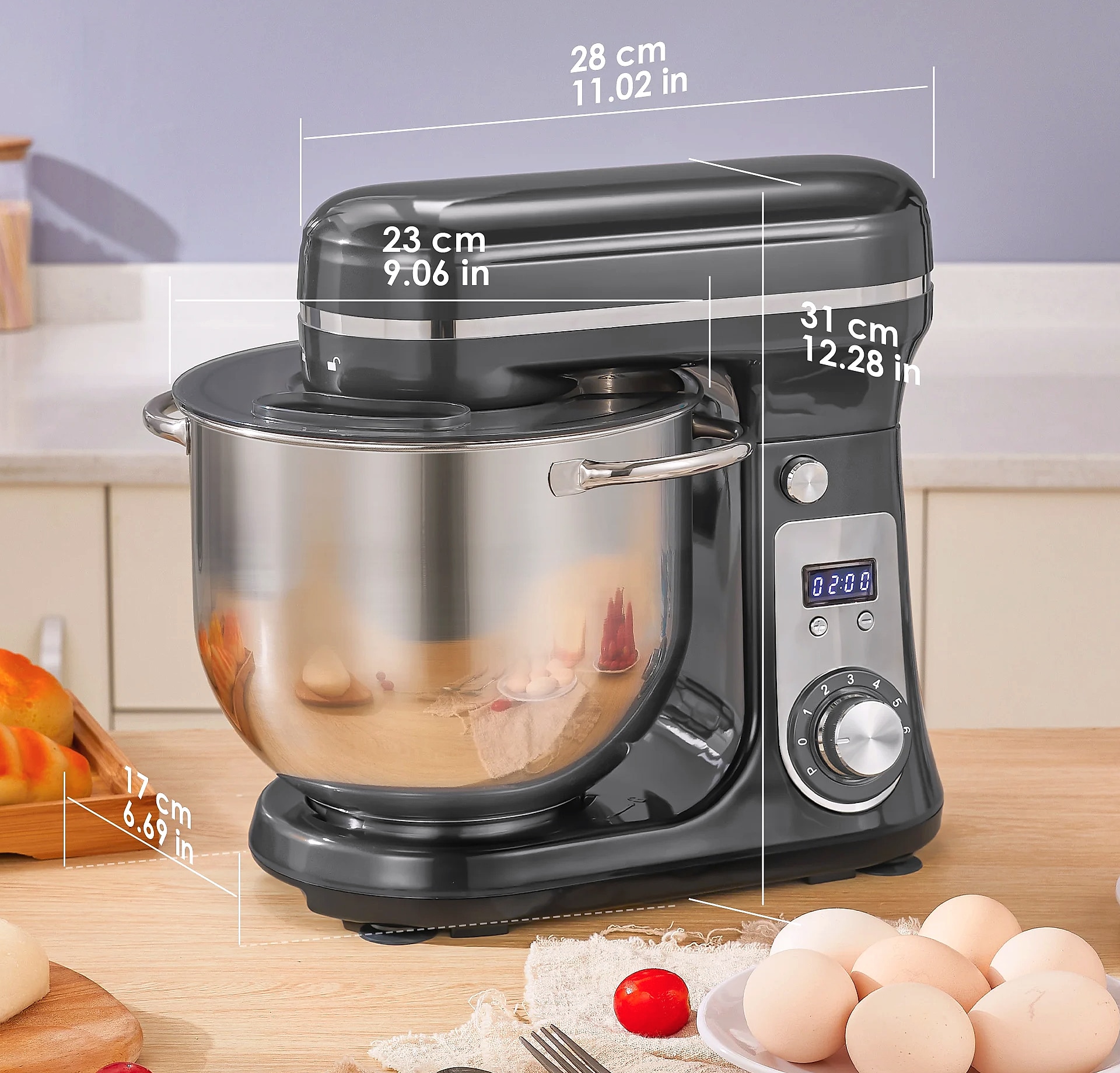 Biolomix 6L Stand Mixer, 1200W DC Motor, 6-Speed Dough — scale reference