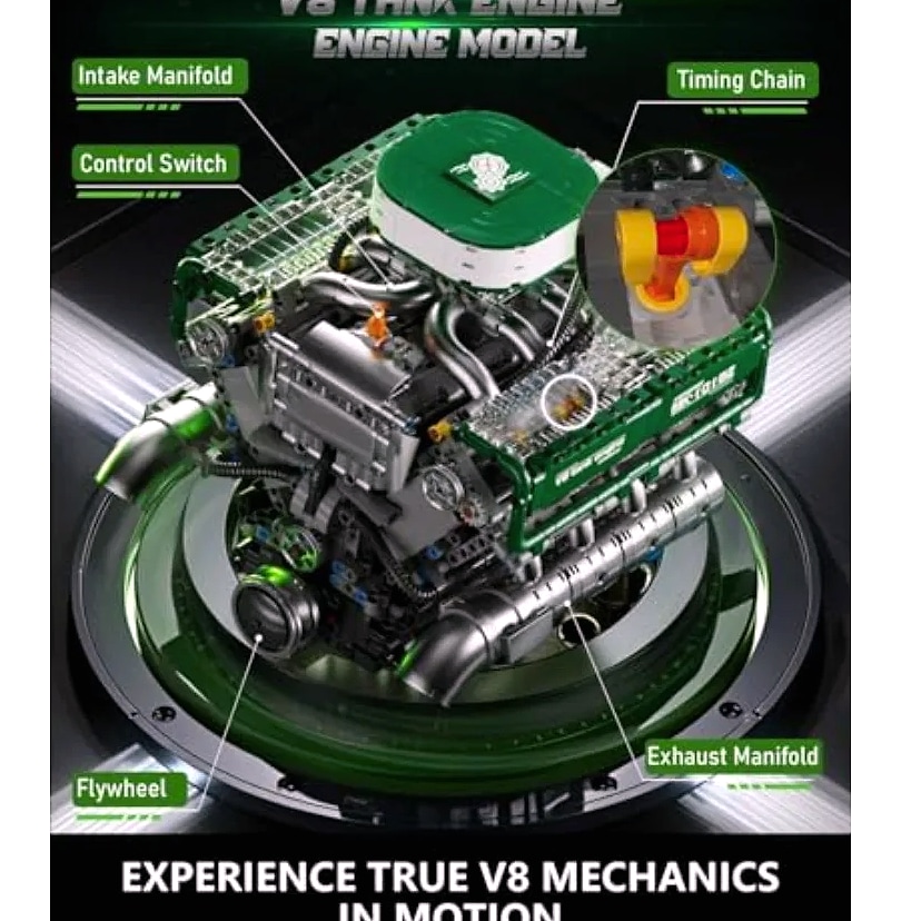 Mould King 10182 V8 Engine Building Blocks with Motor — close-up details