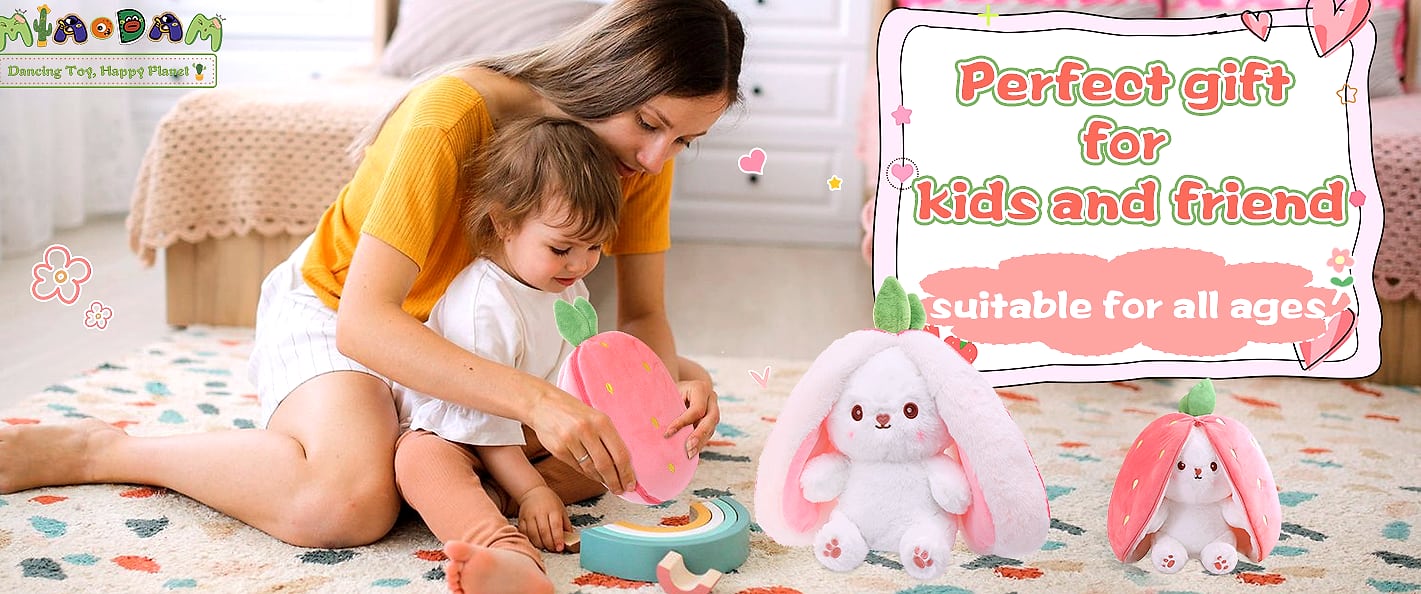 MIAODAM Reversible Strawberry Bunny Plush Toy, 7 inch — assembled view