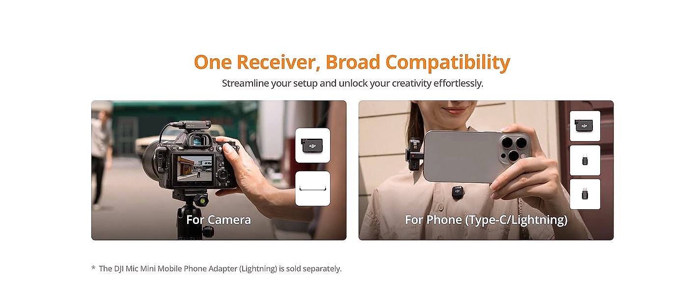 DJI Mic Mini wireless lavalier microphone system for iPhone — assembled view