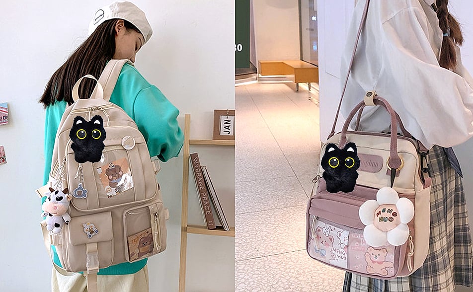 HUIJUFU Black Cat Plush Keychain Purse Charm for Bags — scale reference